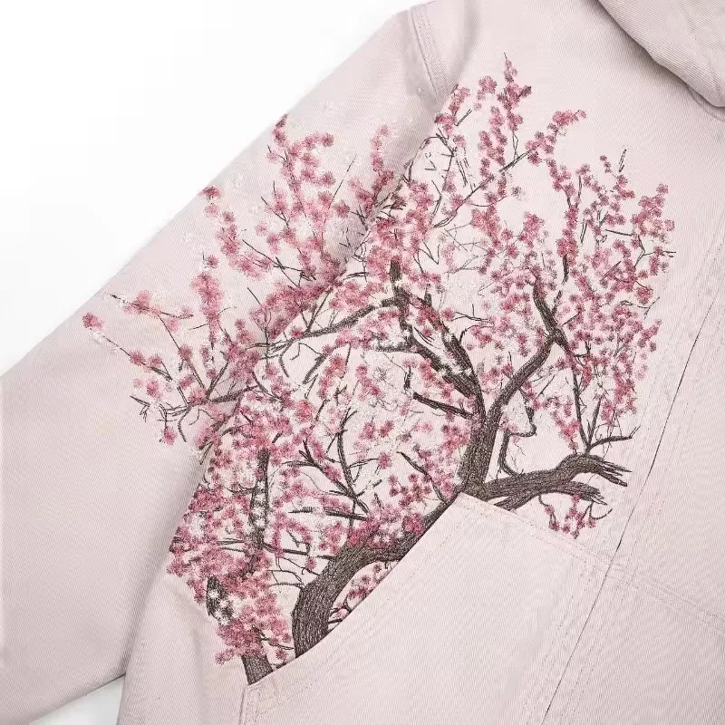 Harajuku American Retro Sakura Embroidery Pink Hoodie Y2K Jacket Men Women Oversized Gothic Streetwear Casual Fashion Outerwear