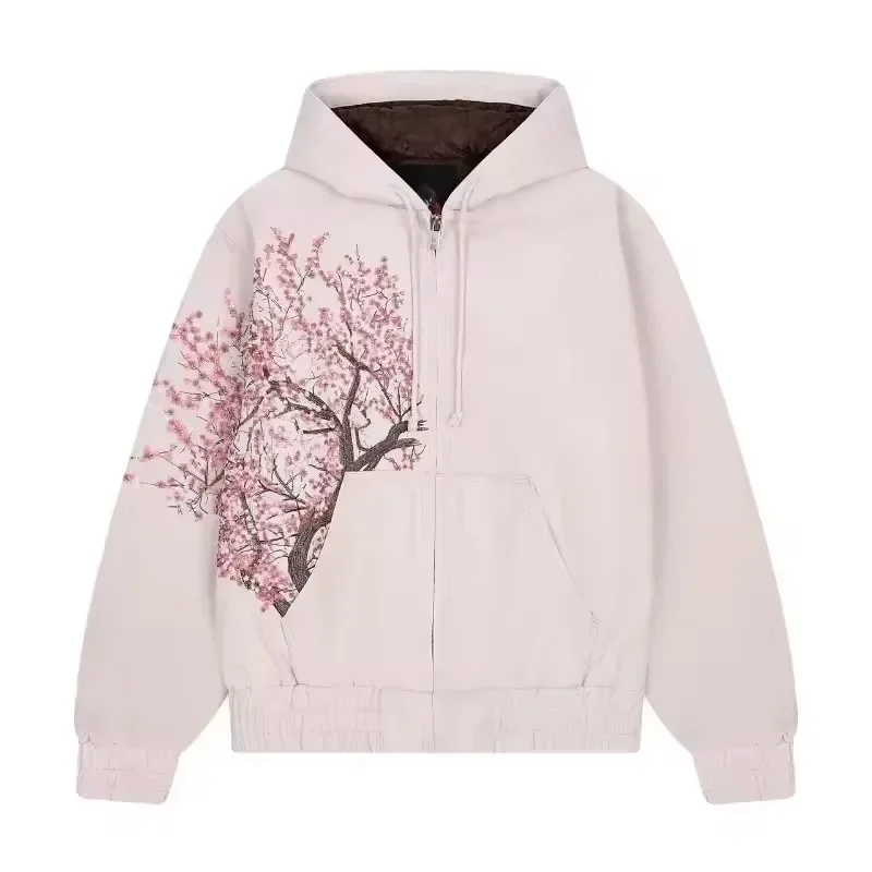Harajuku American Retro Sakura Embroidery Pink Hoodie Y2K Jacket Men Women Oversized Gothic Streetwear Casual Fashion Outerwear
