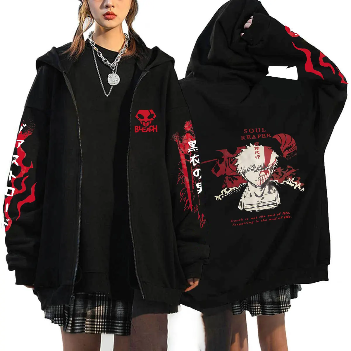 Japan Anime Bleach Kurosaki Ichigo Printed Hooded Men Women Zip Up Hoodies Casual Loose Sweatshirt Harajuku Unisex Zipper Jacket