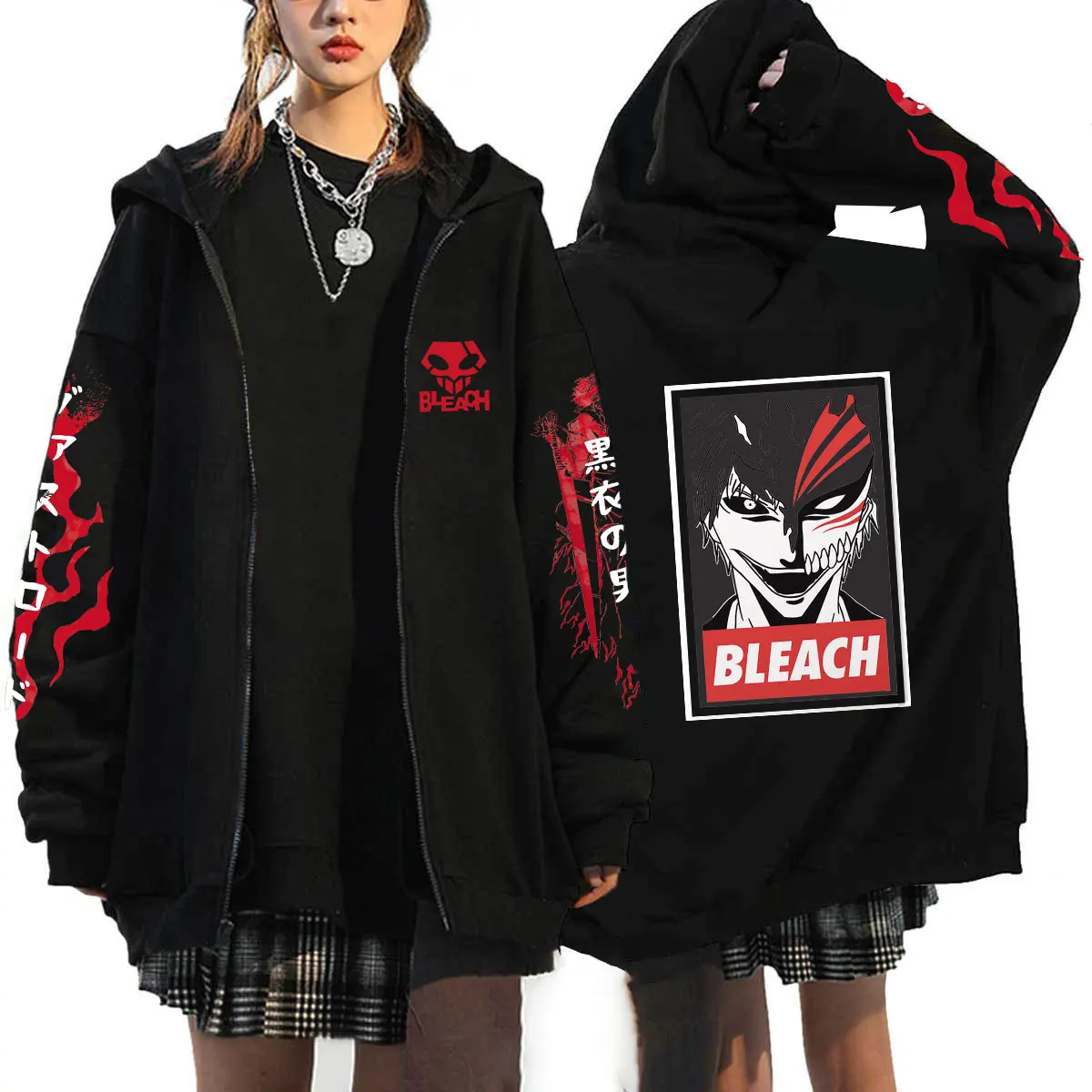 Japan Anime Bleach Kurosaki Ichigo Printed Hooded Men Women Zip Up Hoodies Casual Loose Sweatshirt Harajuku Unisex Zipper Jacket
