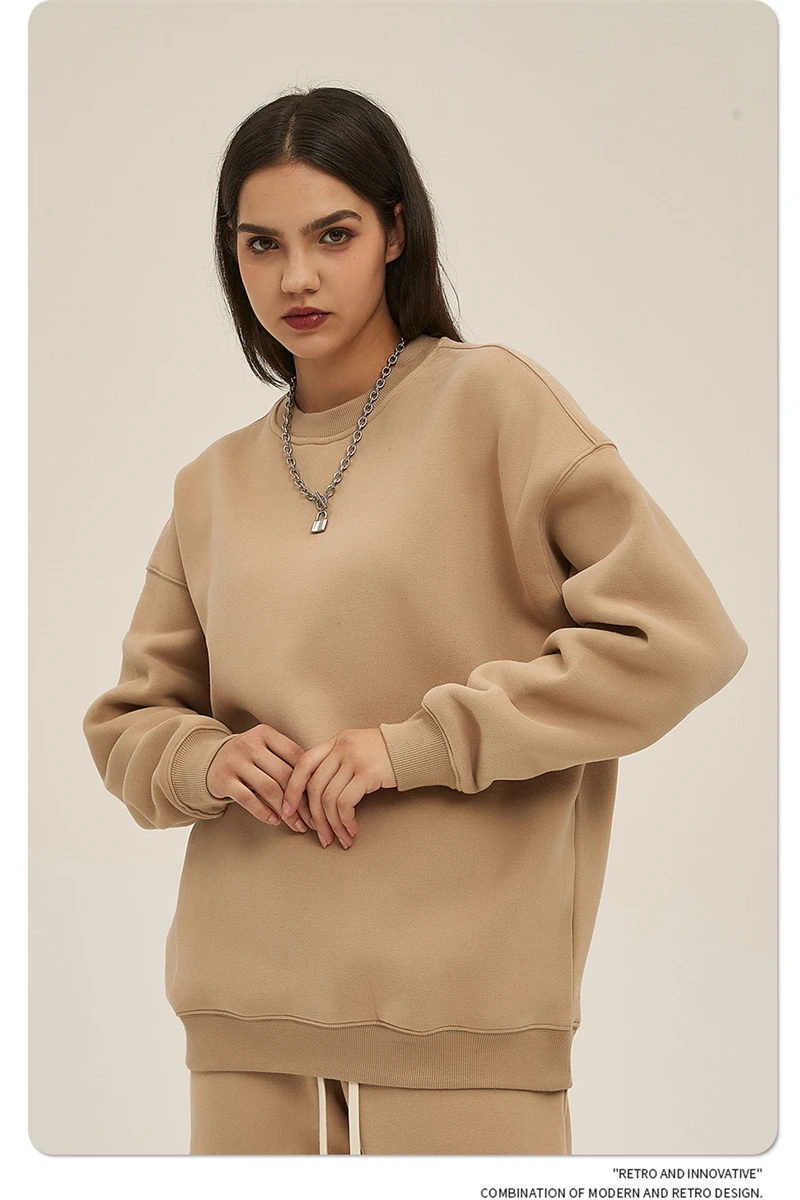 ZODF New 2025 Winter 350gsm Fleece Sweatshirts For Men Unisex Casual Loose Basic Solid O-Neck Thick Warm Pullovers HY0635