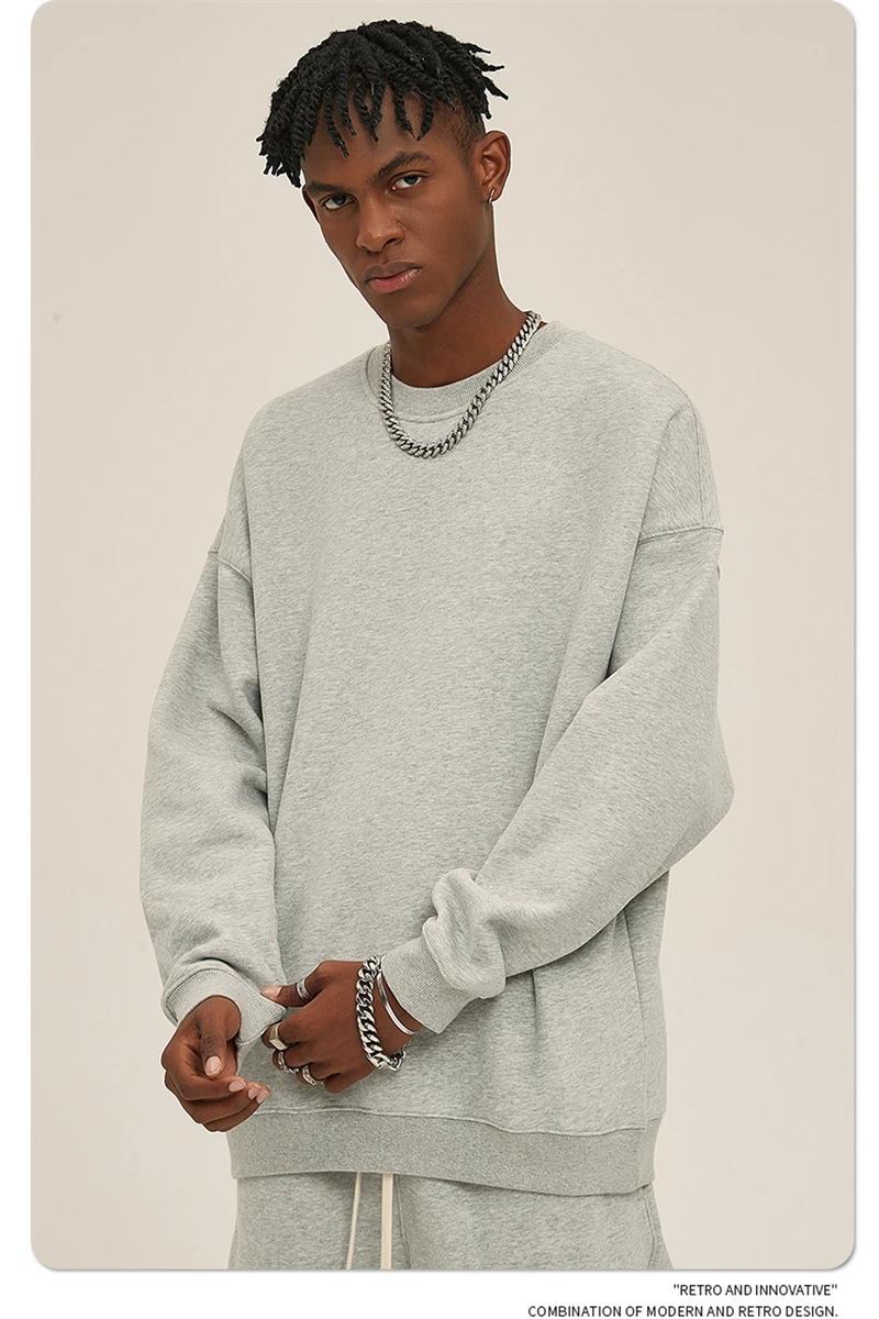 ZODF New 2025 Winter 350gsm Fleece Sweatshirts For Men Unisex Casual Loose Basic Solid O-Neck Thick Warm Pullovers HY0635