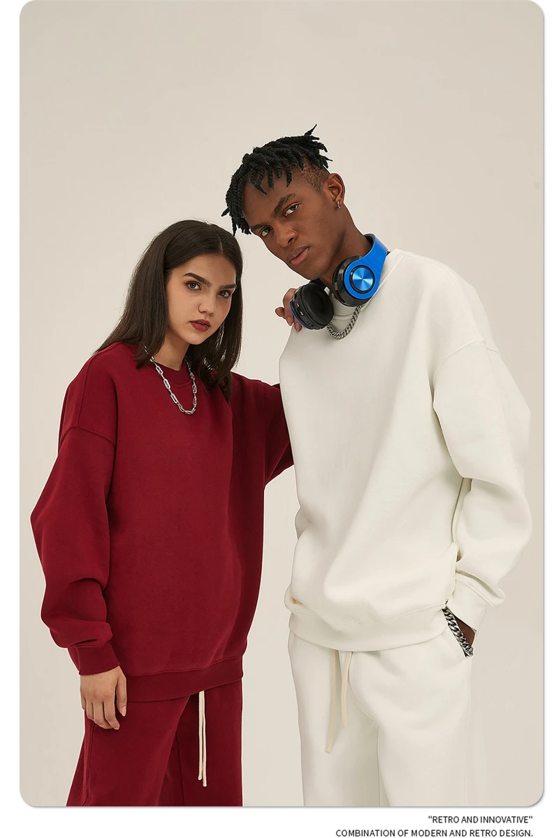 ZODF New 2025 Winter 350gsm Fleece Sweatshirts For Men Unisex Casual Loose Basic Solid O-Neck Thick Warm Pullovers HY0635