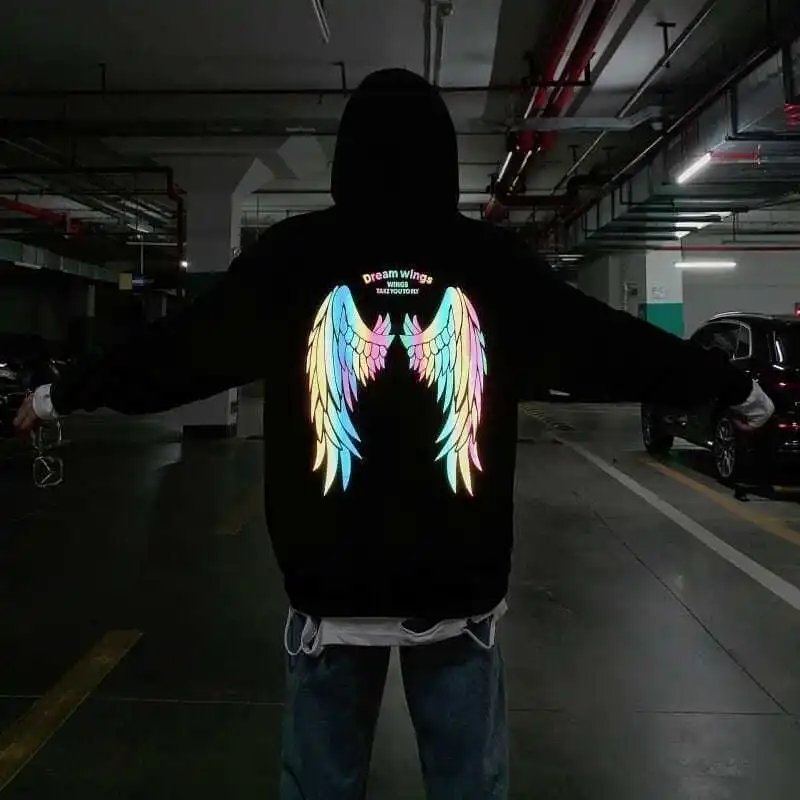 Reflective Male Hoodie Hip Hop Overfit New in No Brand Y2k Vintage Novelty and Simple 90s Tops Fleeced Men's Hooded Sweatshirt