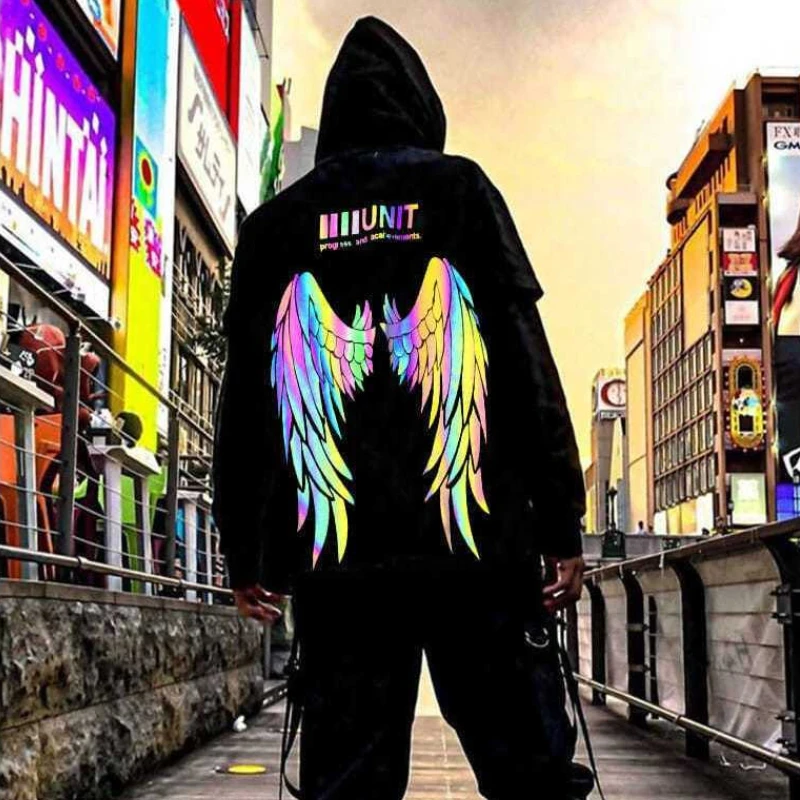 Reflective Male Hoodie Hip Hop Overfit New in No Brand Y2k Vintage Novelty and Simple 90s Tops Fleeced Men's Hooded Sweatshirt