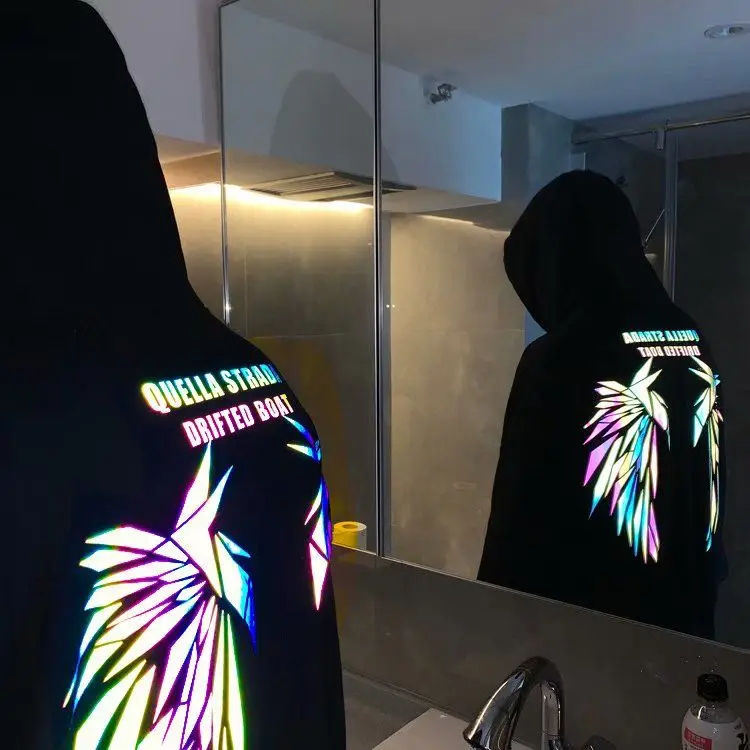 Reflective Male Hoodie Hip Hop Overfit New in No Brand Y2k Vintage Novelty and Simple 90s Tops Fleeced Men's Hooded Sweatshirt