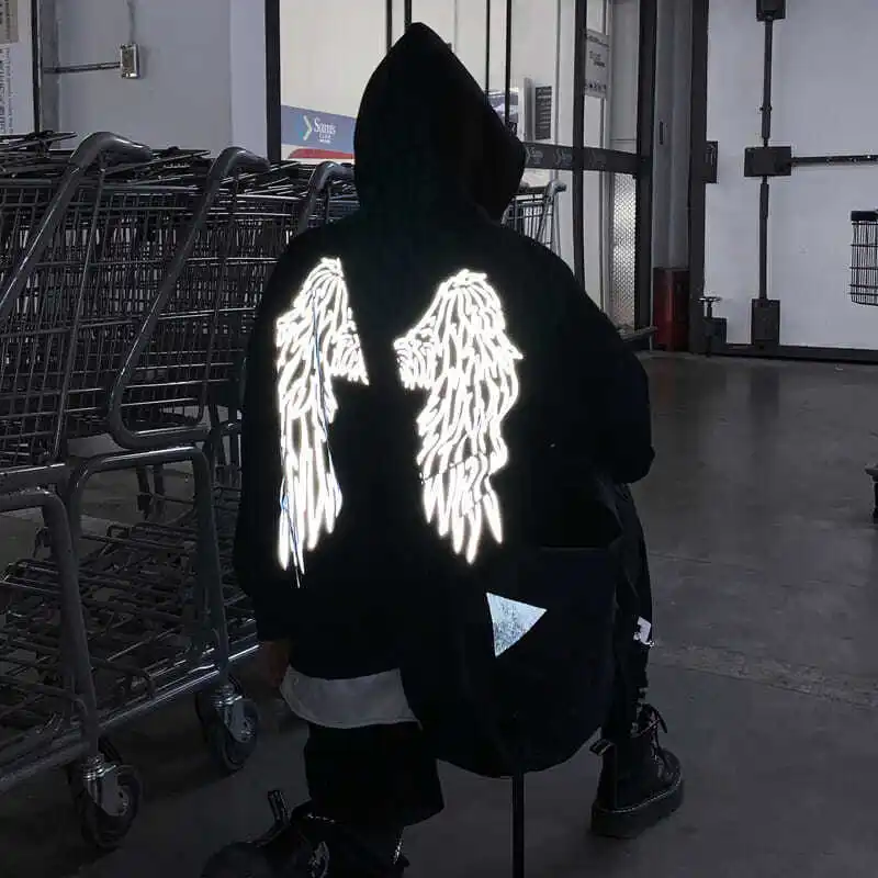Reflective Male Hoodie Hip Hop Overfit New in No Brand Y2k Vintage Novelty and Simple 90s Tops Fleeced Men's Hooded Sweatshirt