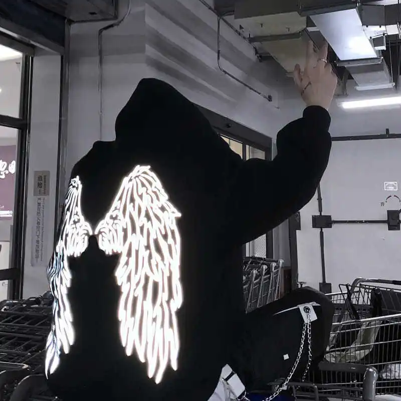 Reflective Male Hoodie Hip Hop Overfit New in No Brand Y2k Vintage Novelty and Simple 90s Tops Fleeced Men's Hooded Sweatshirt