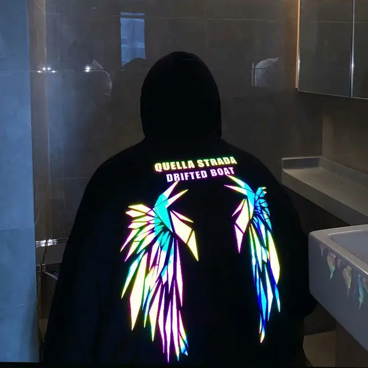 Reflective Male Hoodie Hip Hop Overfit New in No Brand Y2k Vintage Novelty and Simple 90s Tops Fleeced Men's Hooded Sweatshirt