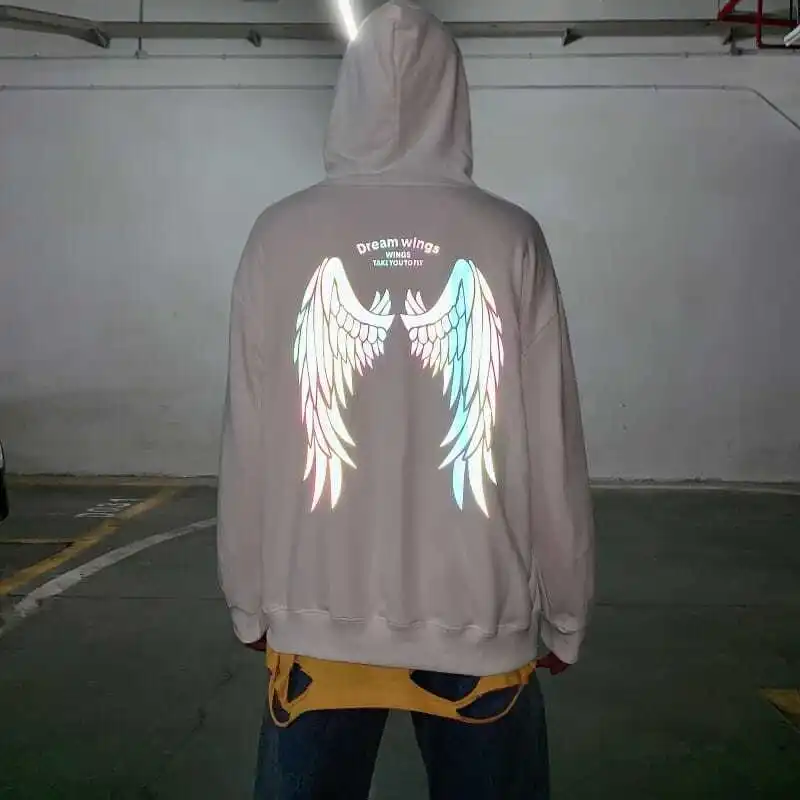 Reflective Male Hoodie Hip Hop Overfit New in No Brand Y2k Vintage Novelty and Simple 90s Tops Fleeced Men's Hooded Sweatshirt