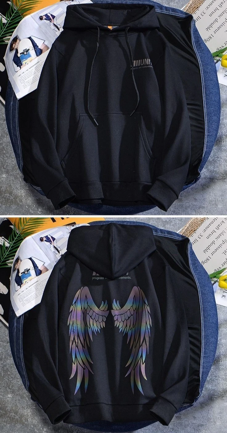 Reflective Male Hoodie Hip Hop Overfit New in No Brand Y2k Vintage Novelty and Simple 90s Tops Fleeced Men's Hooded Sweatshirt
