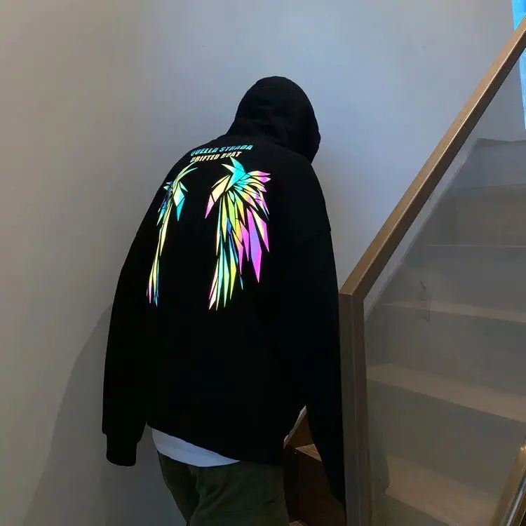 Reflective Male Hoodie Hip Hop Overfit New in No Brand Y2k Vintage Novelty and Simple 90s Tops Fleeced Men's Hooded Sweatshirt