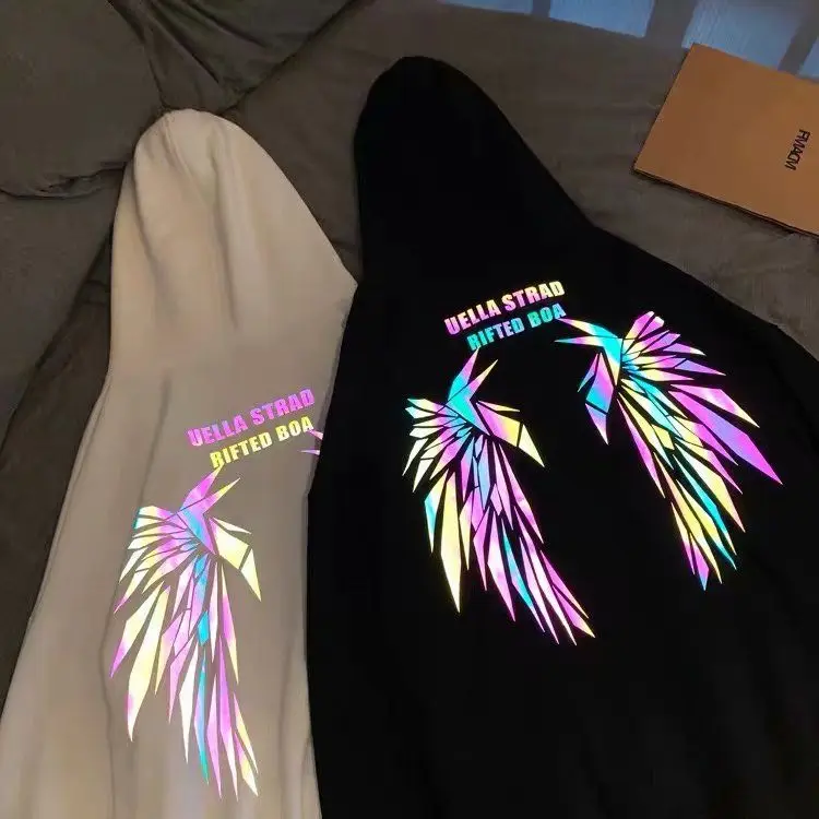 Reflective Male Hoodie Hip Hop Overfit New in No Brand Y2k Vintage Novelty and Simple 90s Tops Fleeced Men's Hooded Sweatshirt