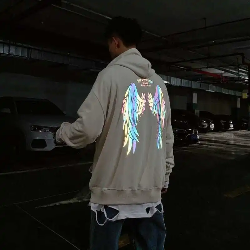 Reflective Male Hoodie Hip Hop Overfit New in No Brand Y2k Vintage Novelty and Simple 90s Tops Fleeced Men's Hooded Sweatshirt