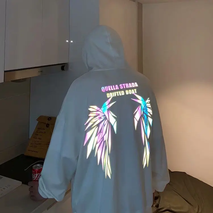 Reflective Male Hoodie Hip Hop Overfit New in No Brand Y2k Vintage Novelty and Simple 90s Tops Fleeced Men's Hooded Sweatshirt