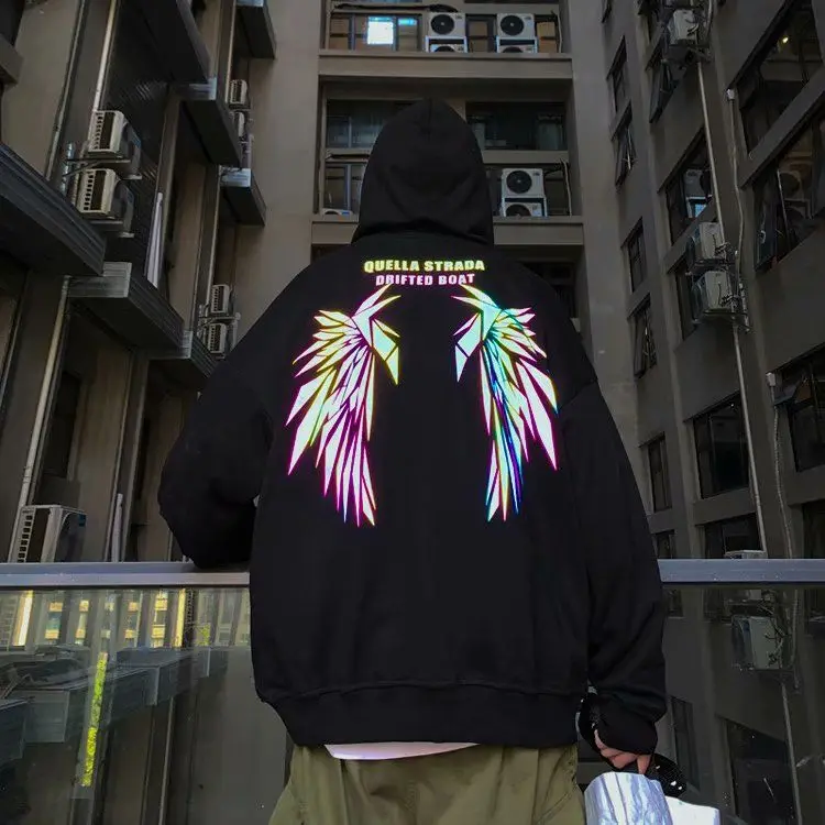 Reflective Male Hoodie Hip Hop Overfit New in No Brand Y2k Vintage Novelty and Simple 90s Tops Fleeced Men's Hooded Sweatshirt