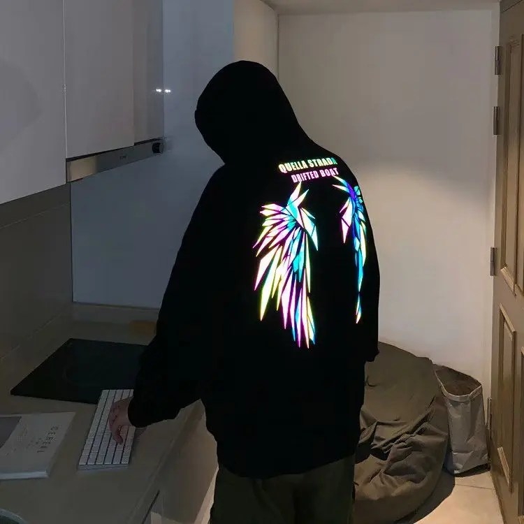Reflective Male Hoodie Hip Hop Overfit New in No Brand Y2k Vintage Novelty and Simple 90s Tops Fleeced Men's Hooded Sweatshirt