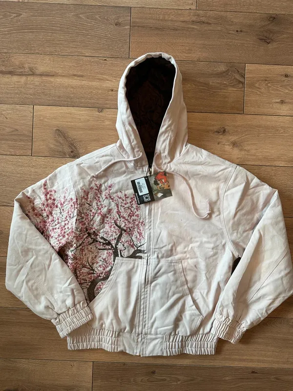 American Retro Cherry Blossom Embroidered Hooded Y2K Jacket Mens Womens Zipper Jacket with Flower Tree Pattern Street Style