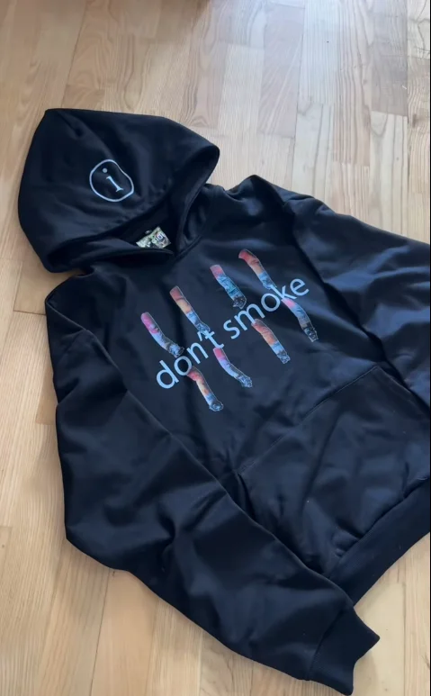 Mens Black Hoodie with Dont Smoke Print Cigarette Graphic Personality Expression Loose Fit Casual Streetwear for Daily Wear