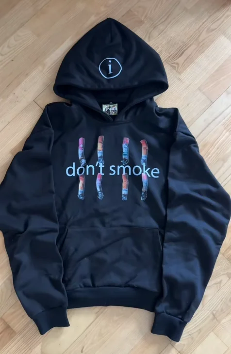 Mens Black Hoodie with Dont Smoke Print Cigarette Graphic Personality Expression Loose Fit Casual Streetwear for Daily Wear