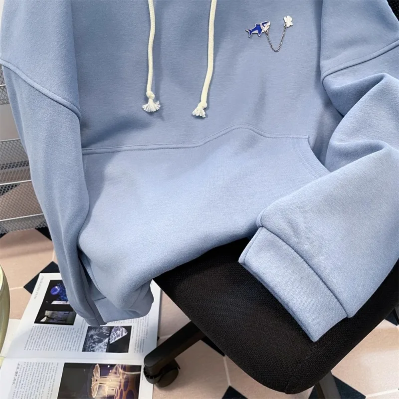 Korean Hip Hop Hoody Chic Shark Hooded Sweatshirt Men Women in Spring Autumn Cute Sweet Girly Solid Color Fashion Jacket Preppy