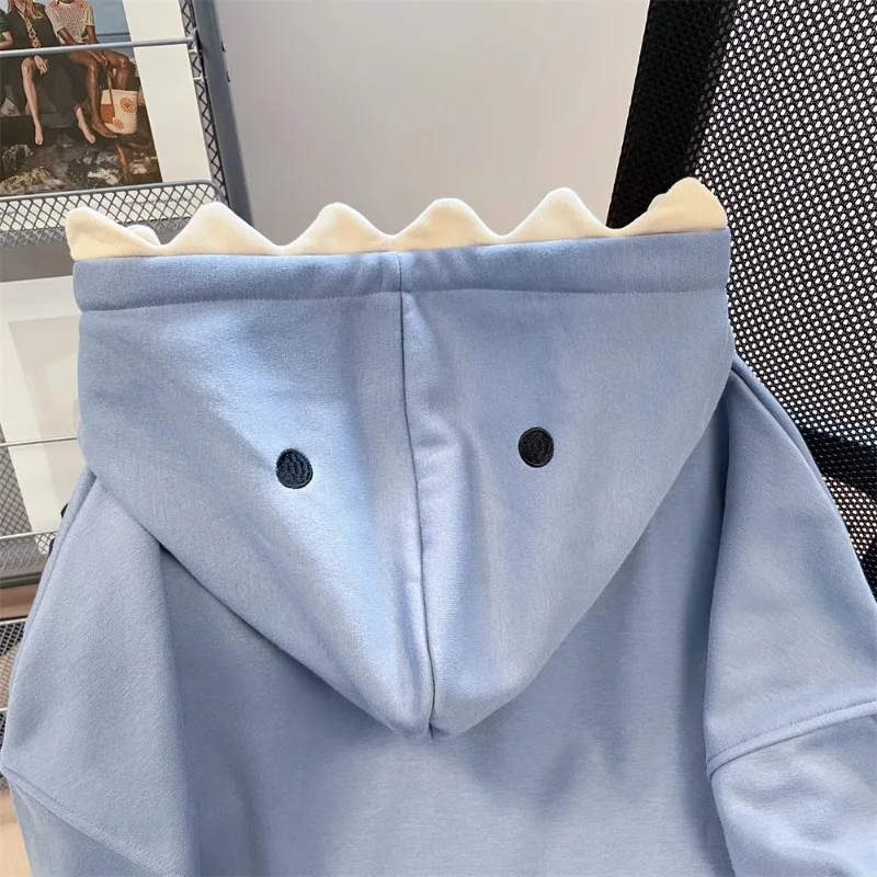 Korean Hip Hop Hoody Chic Shark Hooded Sweatshirt Men Women in Spring Autumn Cute Sweet Girly Solid Color Fashion Jacket Preppy