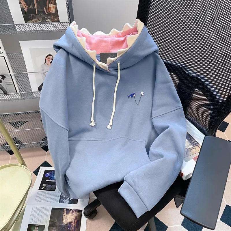 Korean Hip Hop Hoody Chic Shark Hooded Sweatshirt Men Women in Spring Autumn Cute Sweet Girly Solid Color Fashion Jacket Preppy