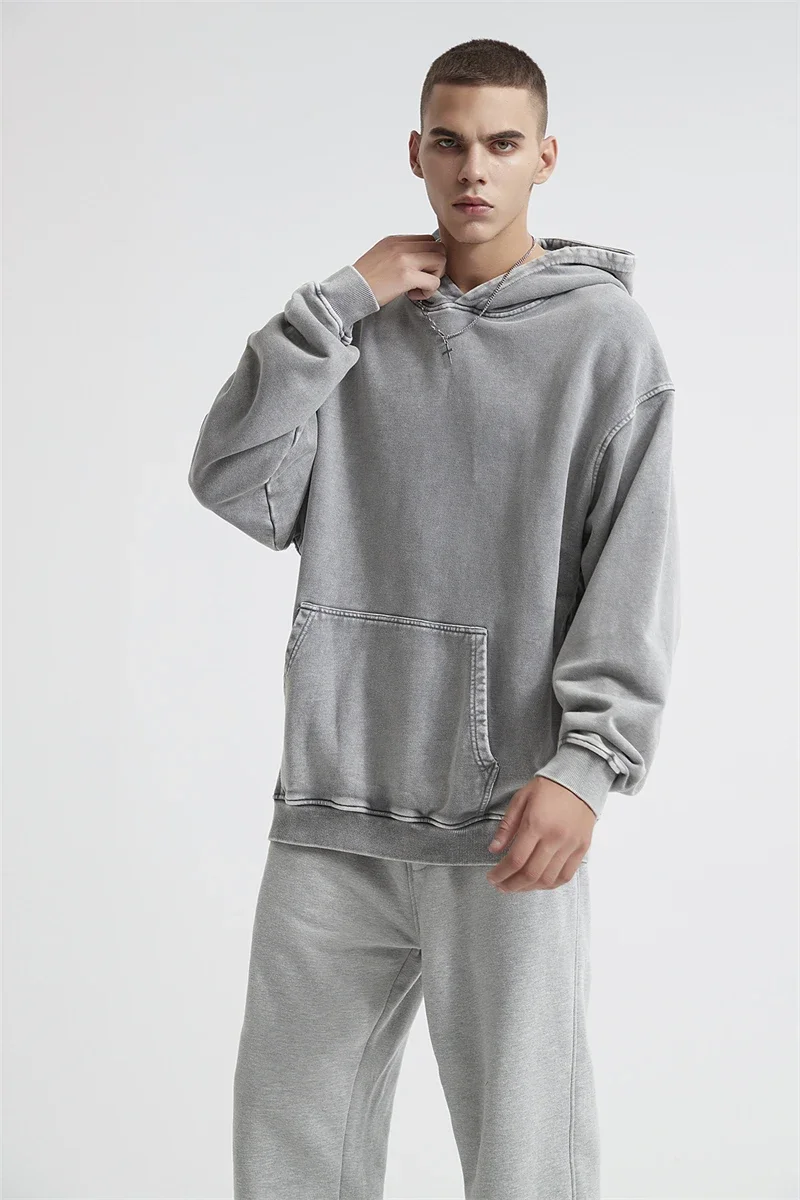 2024 Autumn Winter Men 420gsm Hoodies Streetwears High Street Heavy Weight Washed Cotton Sweatshirts Brand Tracksuit