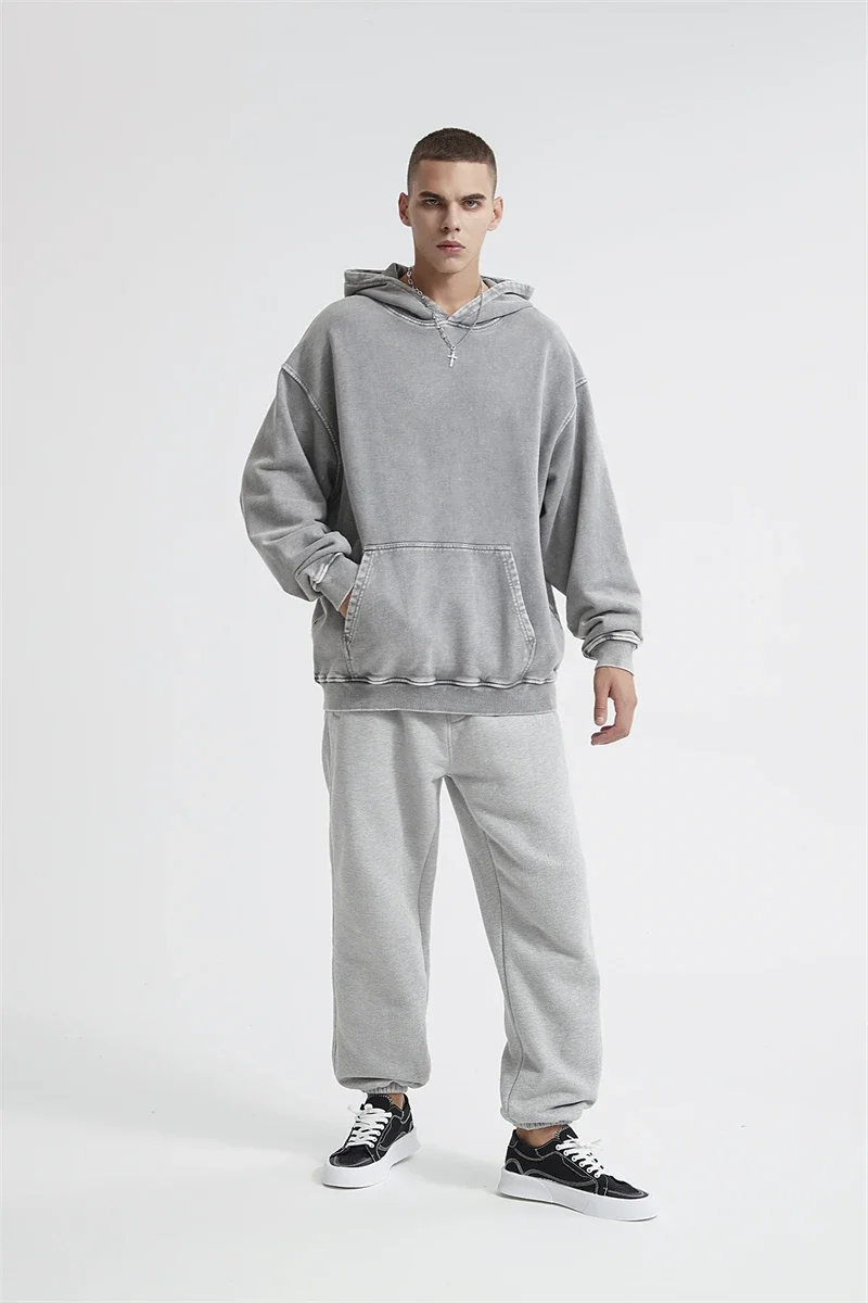 2024 Autumn Winter Men 420gsm Hoodies Streetwears High Street Heavy Weight Washed Cotton Sweatshirts Brand Tracksuit