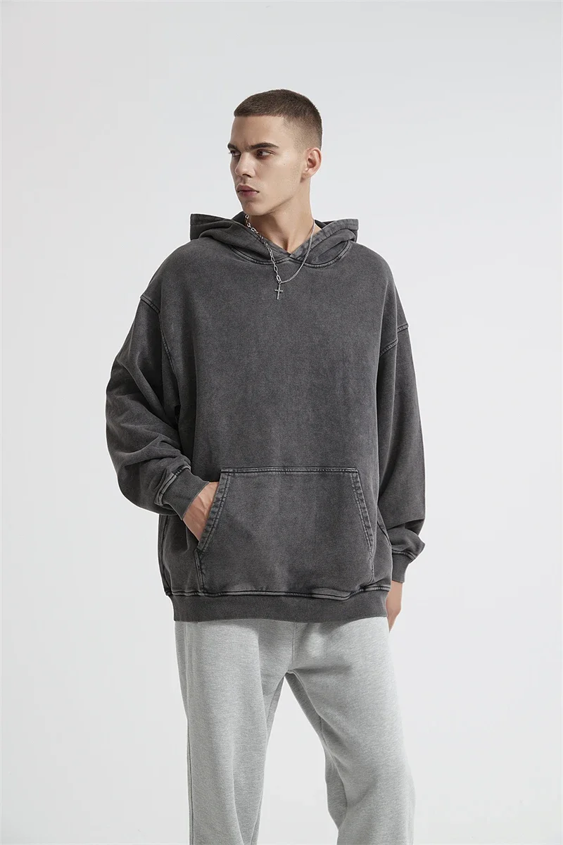 2024 Autumn Winter Men 420gsm Hoodies Streetwears High Street Heavy Weight Washed Cotton Sweatshirts Brand Tracksuit