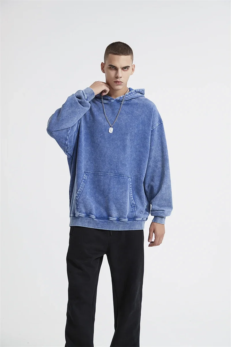 2024 Autumn Winter Men 420gsm Hoodies Streetwears High Street Heavy Weight Washed Cotton Sweatshirts Brand Tracksuit