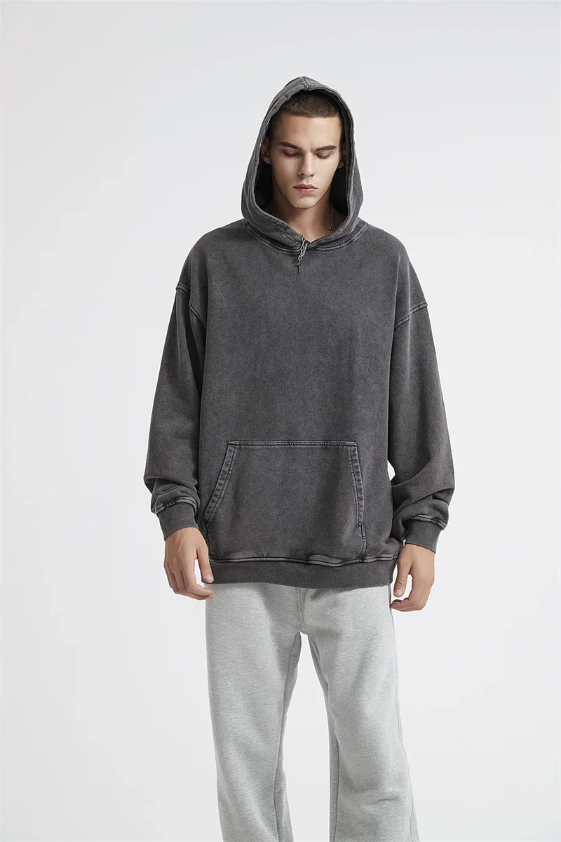 2024 Autumn Winter Men 420gsm Hoodies Streetwears High Street Heavy Weight Washed Cotton Sweatshirts Brand Tracksuit