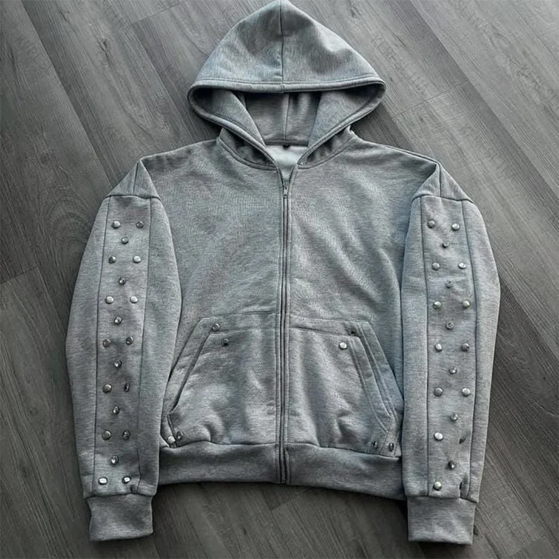 Oversized Harajuku Grey Vintage Fashion Zipper Hoodie European and American Autumn/Winter High Street Versatile Sweatshirt Emo