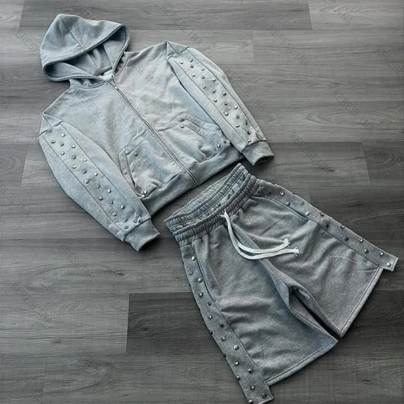 Oversized Harajuku Grey Vintage Fashion Zipper Hoodie European and American Autumn/Winter High Street Versatile Sweatshirt Emo