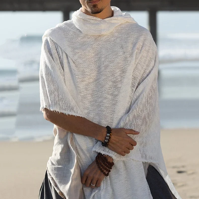 2026 Men's Outdoor Casual Breathable Shawl Robe Vintage Men Solid Color Loose Breathable Capes Mens Bohemian Sunproof Cover-up