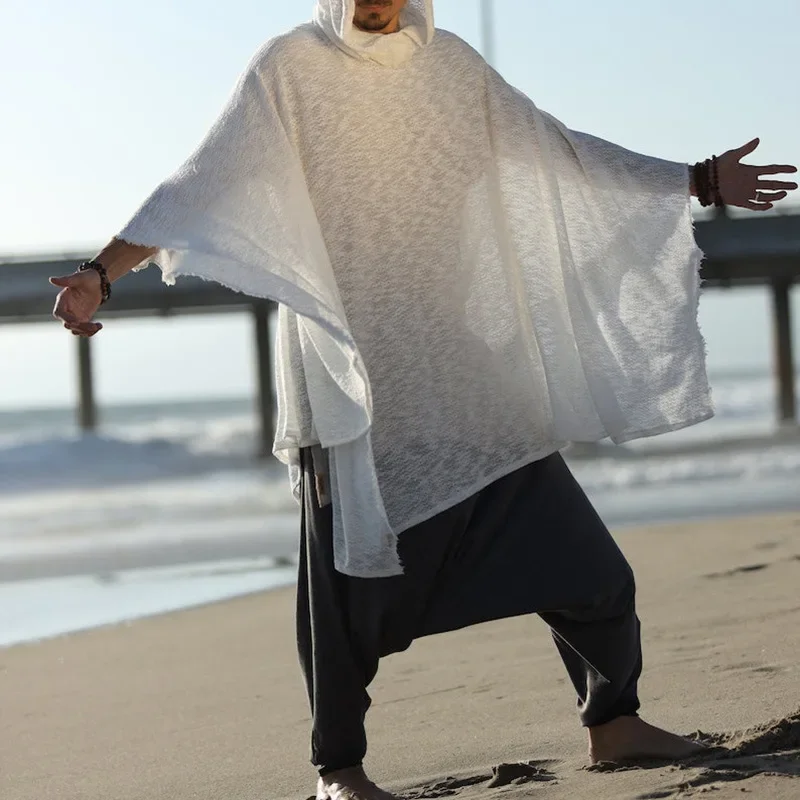 2026 Men's Outdoor Casual Breathable Shawl Robe Vintage Men Solid Color Loose Breathable Capes Mens Bohemian Sunproof Cover-up