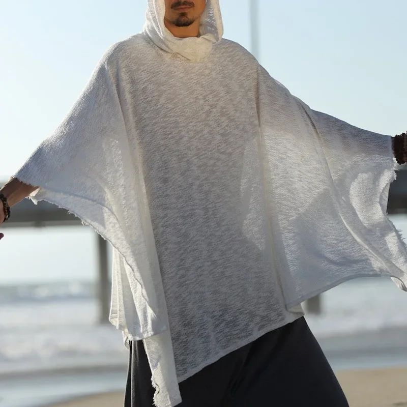 2026 Men's Outdoor Casual Breathable Shawl Robe Vintage Men Solid Color Loose Breathable Capes Mens Bohemian Sunproof Cover-up