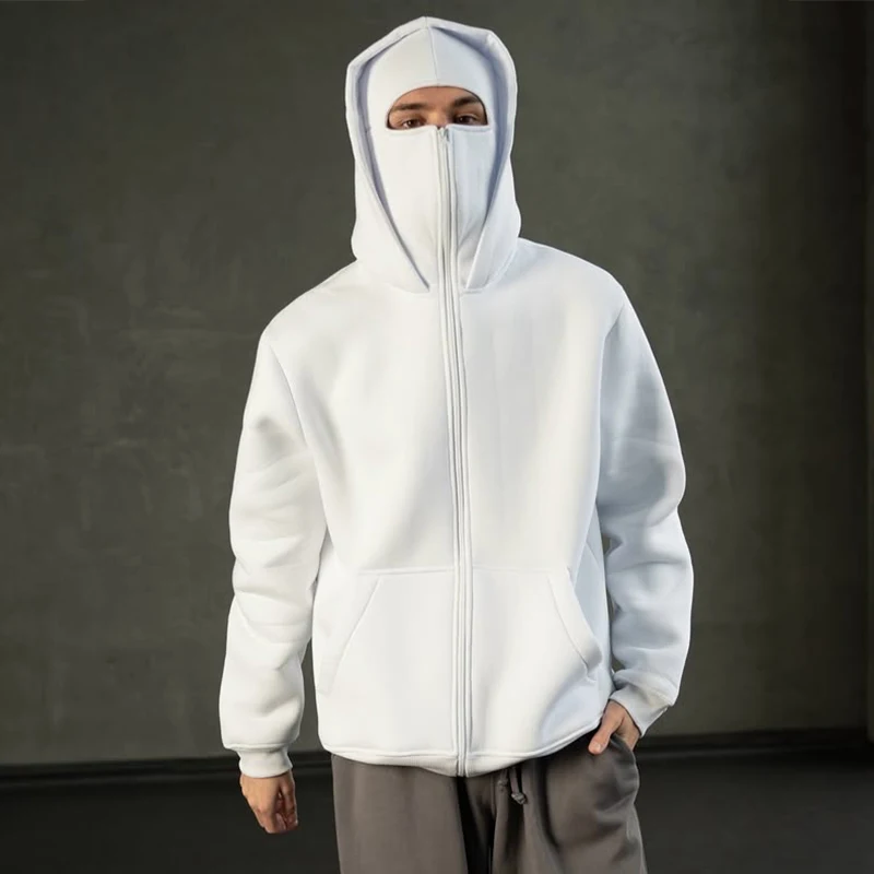 Men's Double Hat Mask Zipper Design Winter Windproof Hoodie Sports Jacket Outdoor Activities Hiking Travel Running Sweatshirt 