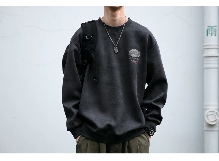 2025 Spring Mens Loose Fit Round Neck Hoodie Big Size Oversized Streetwear Hip Hop Retro American Casual Pullover Trendy Print
