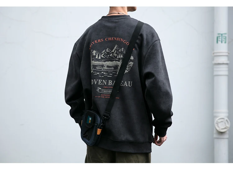 2025 Spring Mens Loose Fit Round Neck Hoodie Big Size Oversized Streetwear Hip Hop Retro American Casual Pullover Trendy Print