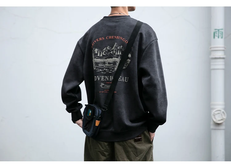 2025 Spring Mens Loose Fit Round Neck Hoodie Big Size Oversized Streetwear Hip Hop Retro American Casual Pullover Trendy Print