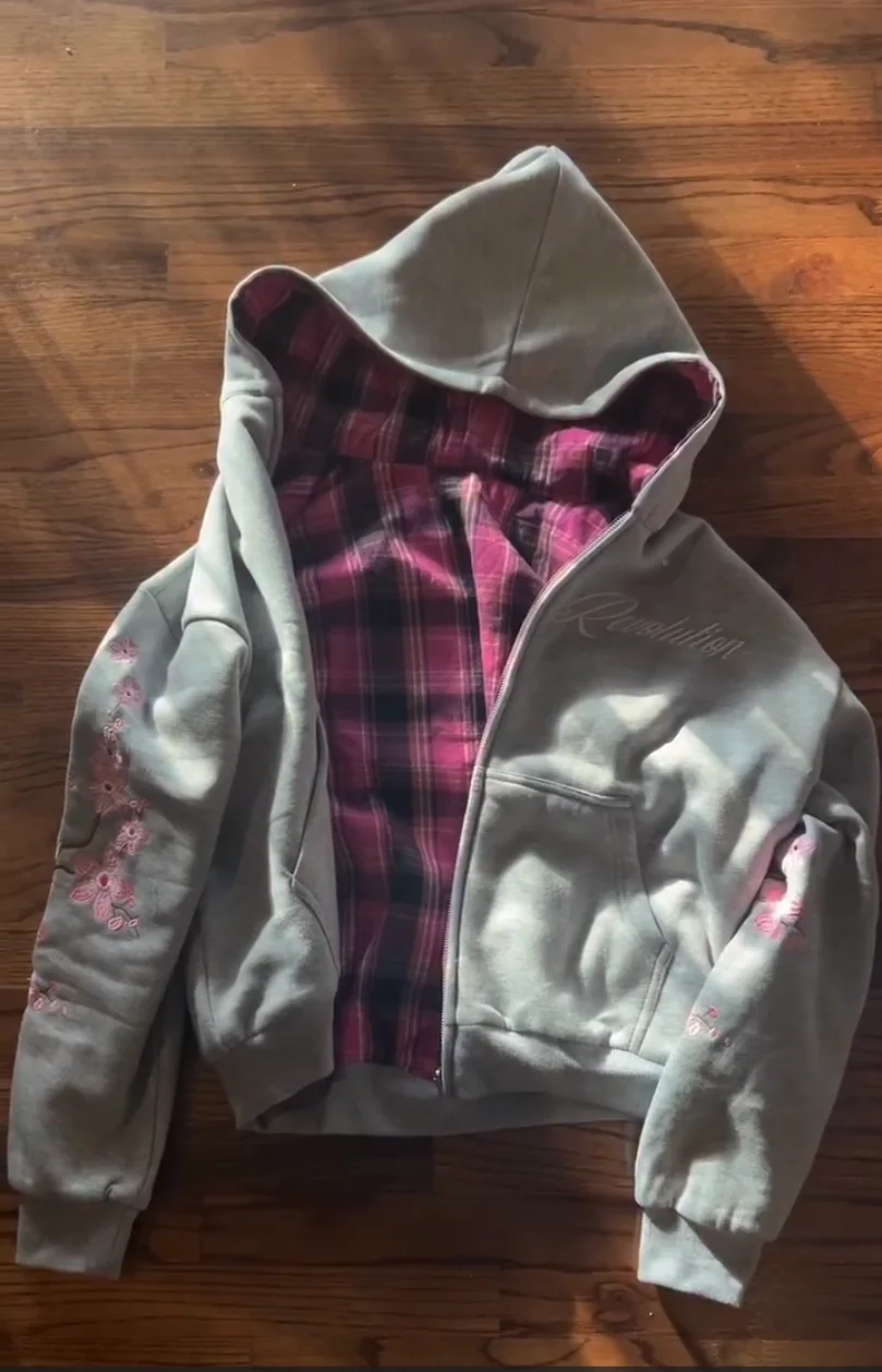 Y2K Vintage Cherry Blossom Embroidery Zipper Hoodie Harajuku Loose Reversible Simple Grid Jacket Men Women Pink Coat Streetwear