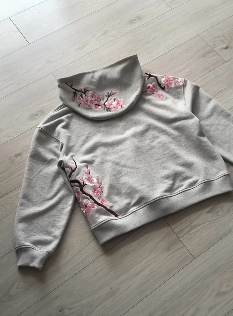 Y2K Vintage Cherry Blossom Embroidery Zipper Hoodie Harajuku Loose Reversible Simple Grid Jacket Men Women Pink Coat Streetwear