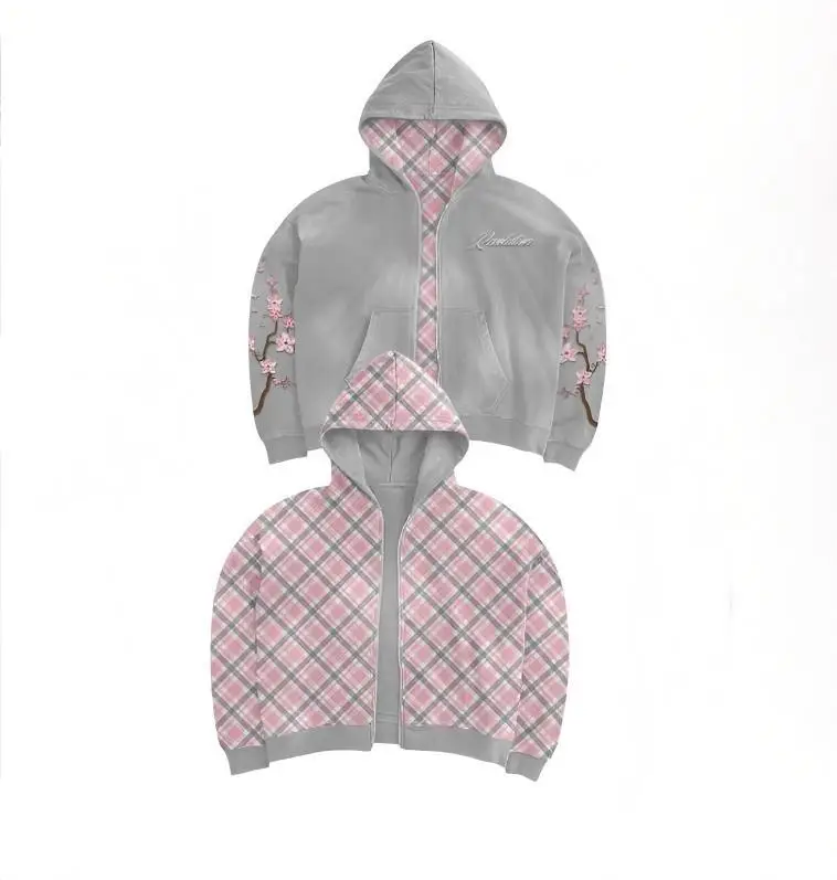 Y2K Vintage Cherry Blossom Embroidery Zipper Hoodie Harajuku Loose Reversible Simple Grid Jacket Men Women Pink Coat Streetwear