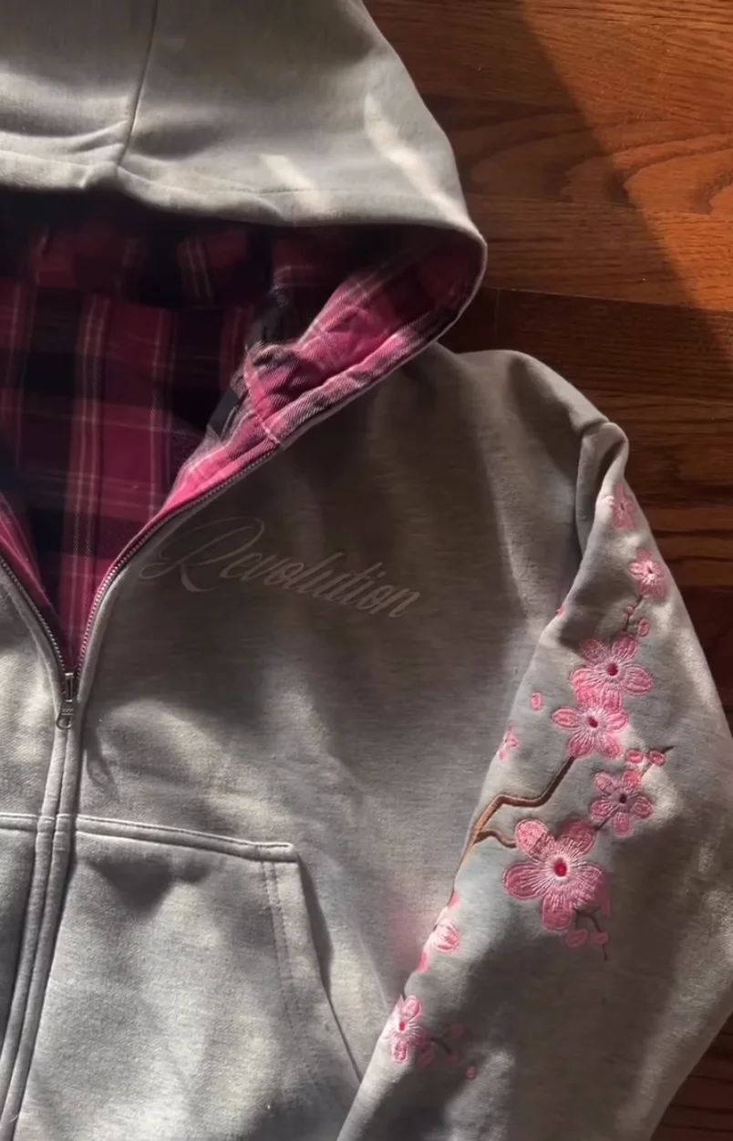 Y2K Vintage Cherry Blossom Embroidery Zipper Hoodie Harajuku Loose Reversible Simple Grid Jacket Men Women Pink Coat Streetwear