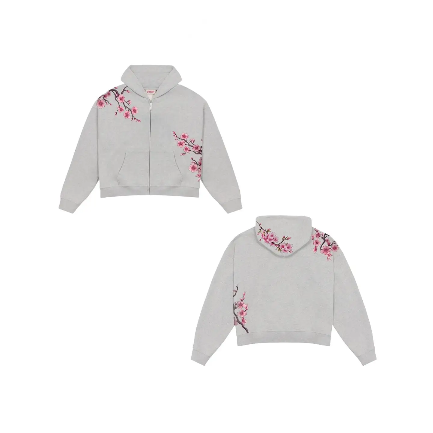 Y2K Vintage Cherry Blossom Embroidery Zipper Hoodie Harajuku Loose Reversible Simple Grid Jacket Men Women Pink Coat Streetwear