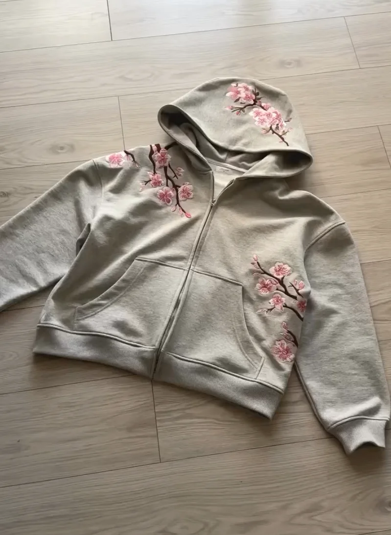 Y2K Vintage Cherry Blossom Embroidery Zipper Hoodie Harajuku Loose Reversible Simple Grid Jacket Men Women Pink Coat Streetwear