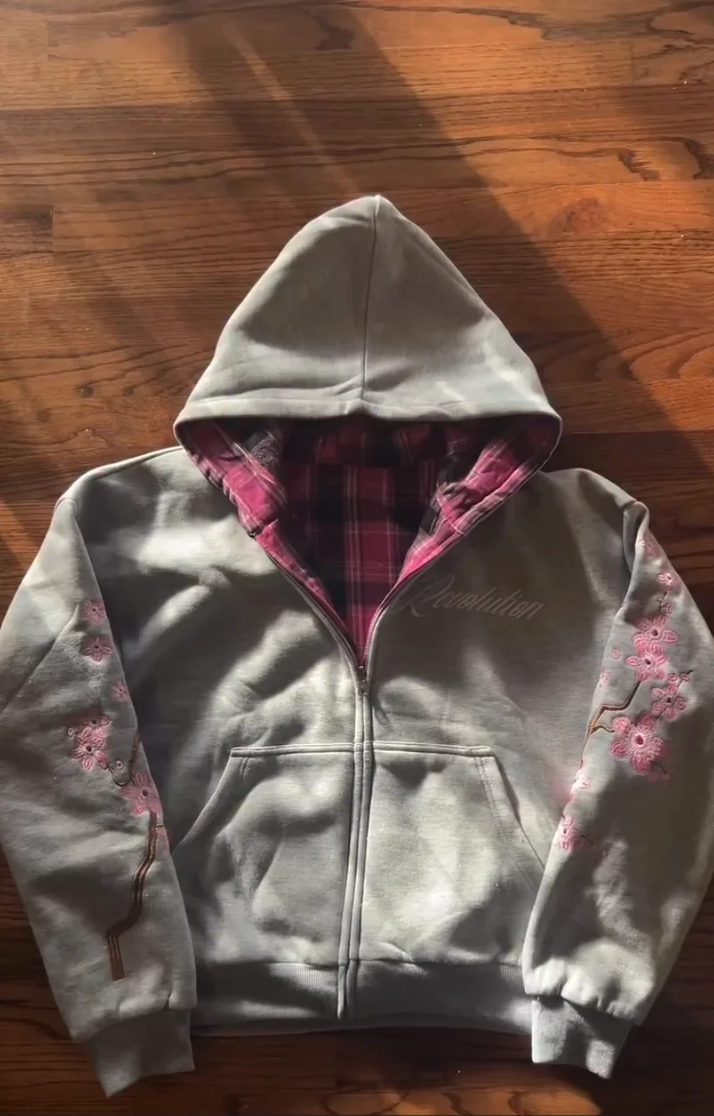 Y2K Vintage Cherry Blossom Embroidery Zipper Hoodie Harajuku Loose Reversible Simple Grid Jacket Men Women Pink Coat Streetwear
