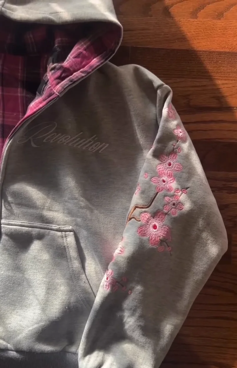 Y2K Vintage Cherry Blossom Embroidery Zipper Hoodie Harajuku Loose Reversible Simple Grid Jacket Men Women Pink Coat Streetwear