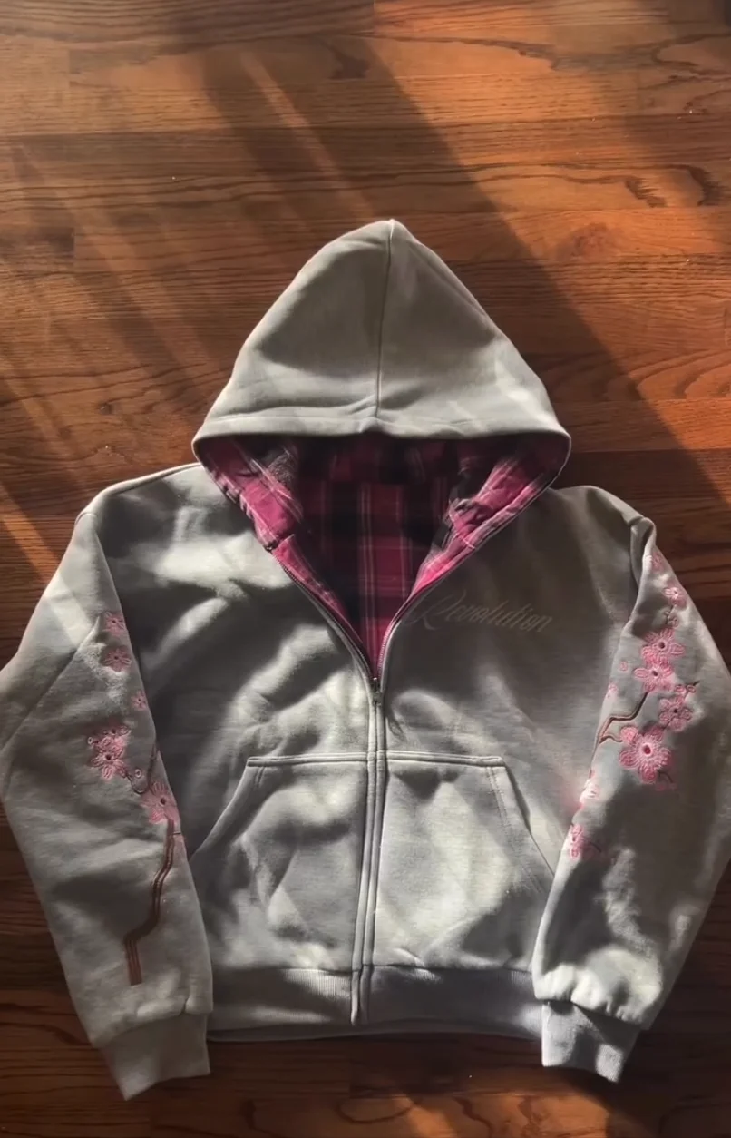 Y2K Vintage Cherry Blossom Embroidery Zipper Hoodie Harajuku Loose Reversible Simple Grid Jacket Men Women Pink Coat Streetwear